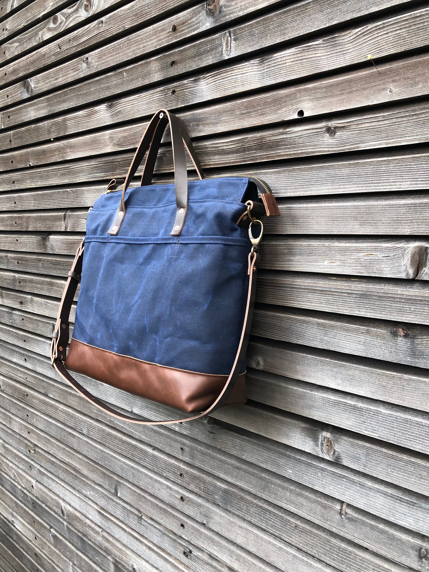 Image of Office tote bag made in blue waxed canvas, with detachable shoulder strap