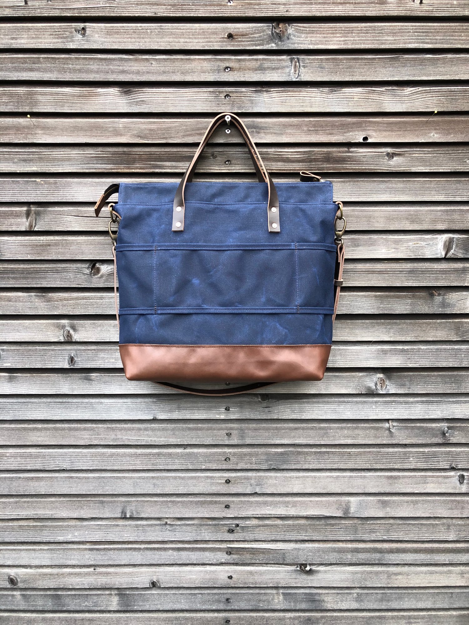 Image of Office tote bag made in blue waxed canvas, with detachable shoulder strap
