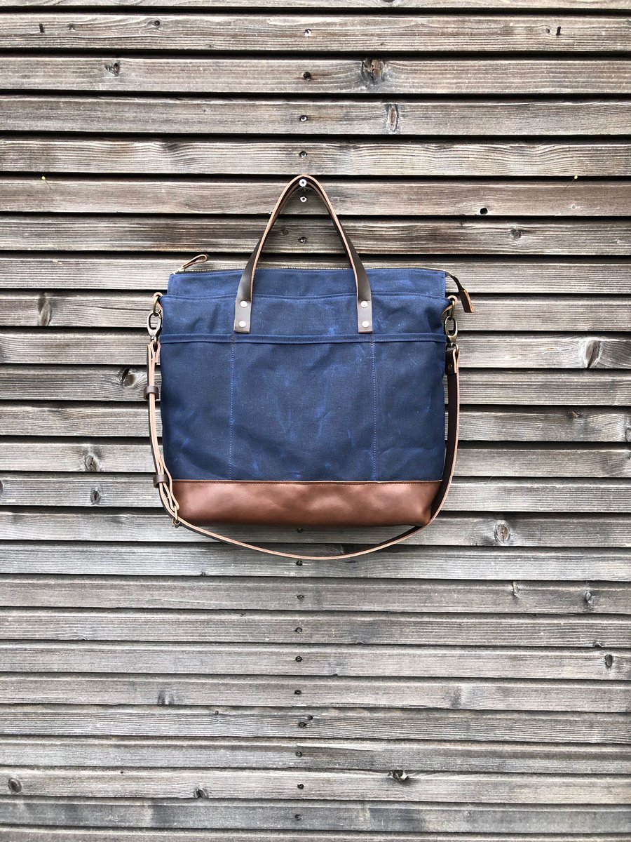 Image of Office tote bag made in blue waxed canvas, with detachable shoulder strap