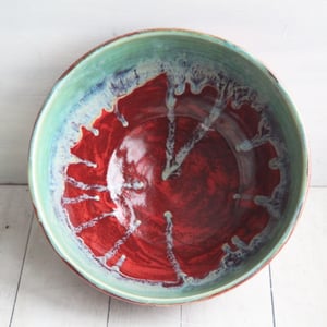 Image of Gorgeous Green and Red Serving Bowl, Handcrafted Pottery Centerpiece, Made in USA