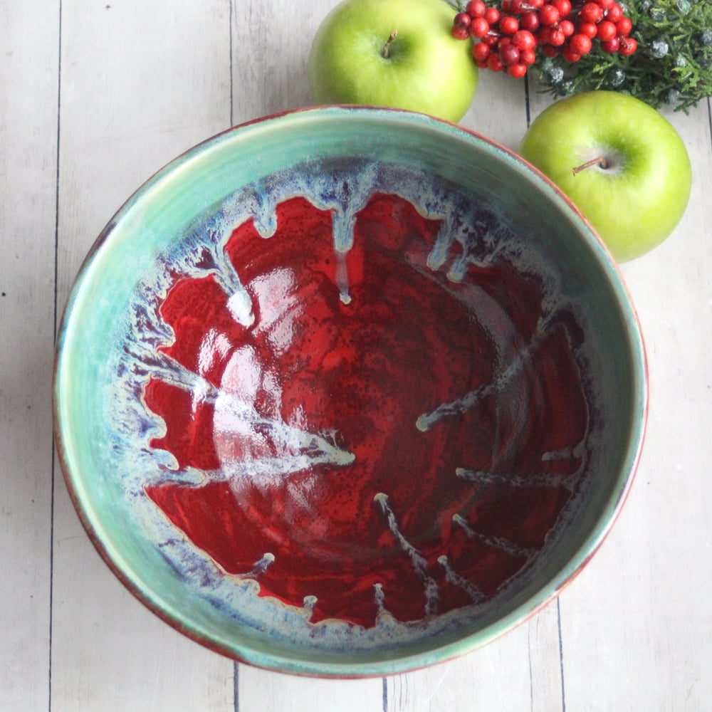 Image of Gorgeous Green and Red Serving Bowl, Handcrafted Pottery Centerpiece, Made in USA