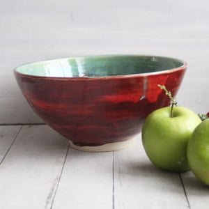 Image of Gorgeous Green and Red Serving Bowl, Handcrafted Pottery Centerpiece, Made in USA