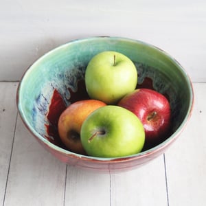 Image of Gorgeous Green and Red Serving Bowl, Handcrafted Pottery Centerpiece, Made in USA