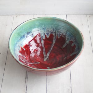 Image of Gorgeous Green and Red Serving Bowl, Handcrafted Pottery Centerpiece, Made in USA