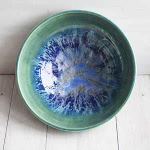 Image of Large Serving Bowl with Blue and Green Dripping Glazes, Made in USA