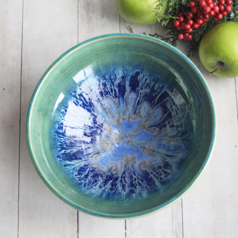 Image of Large Serving Bowl with Blue and Green Dripping Glazes, Made in USA