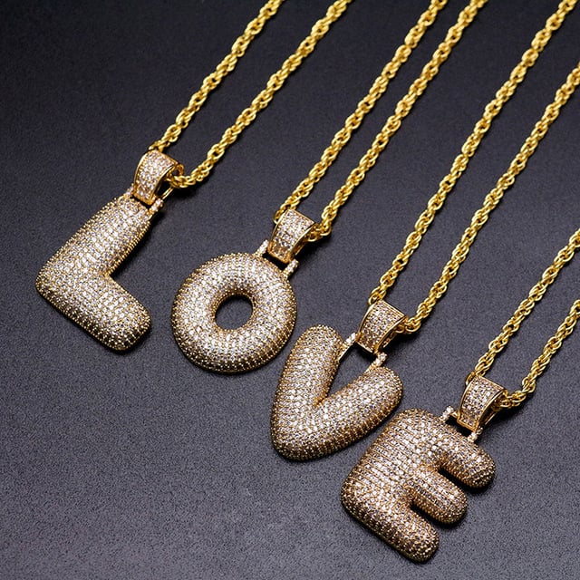 Image of  CZ Paved Hippie Jewelry Necklace Wholesale Bubble Alphabet Letter Charm In