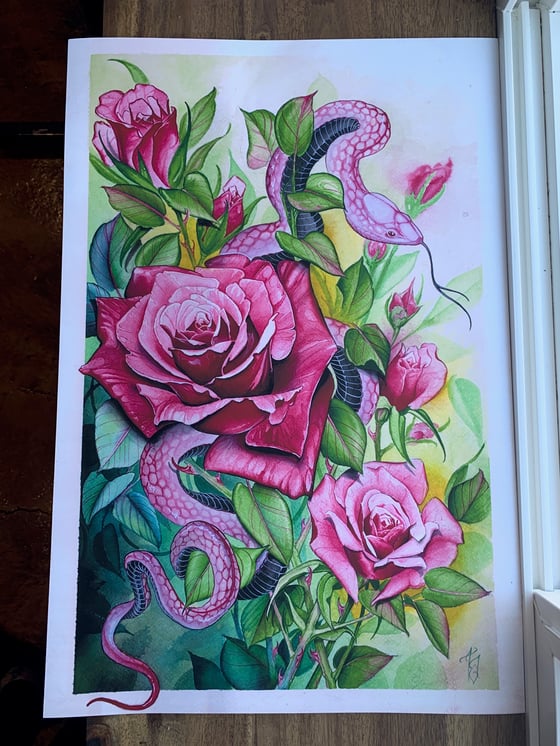 Image of Snake and Roses Print by Tyler Alderson