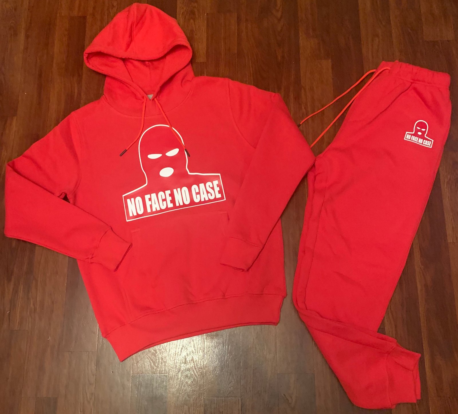 red and white sweatsuit