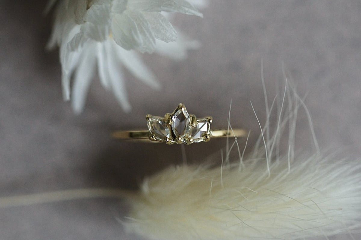 Image of 18ct yellow Gold white rose-cut marquise diamond trilogy ring IOW134