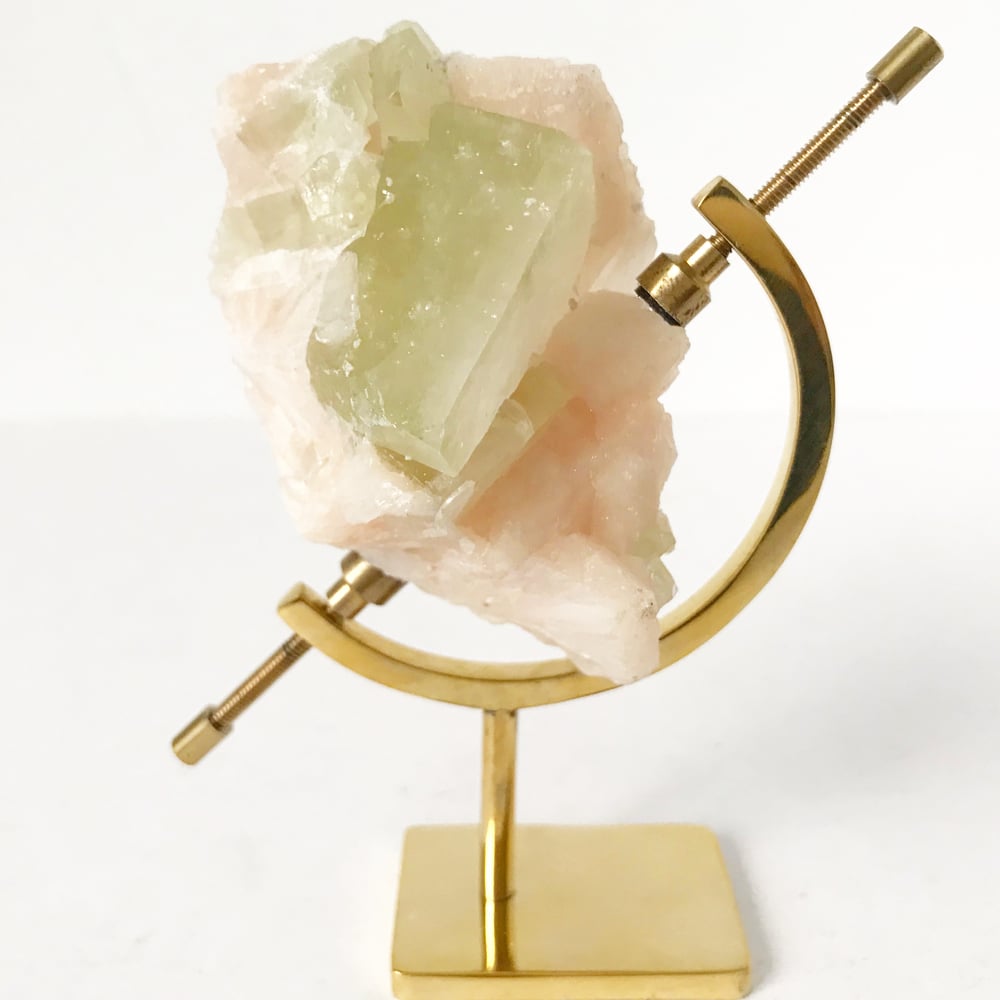 Image of Green Apophyllite/Stilbite no.32 + Lucite and Brass Stand