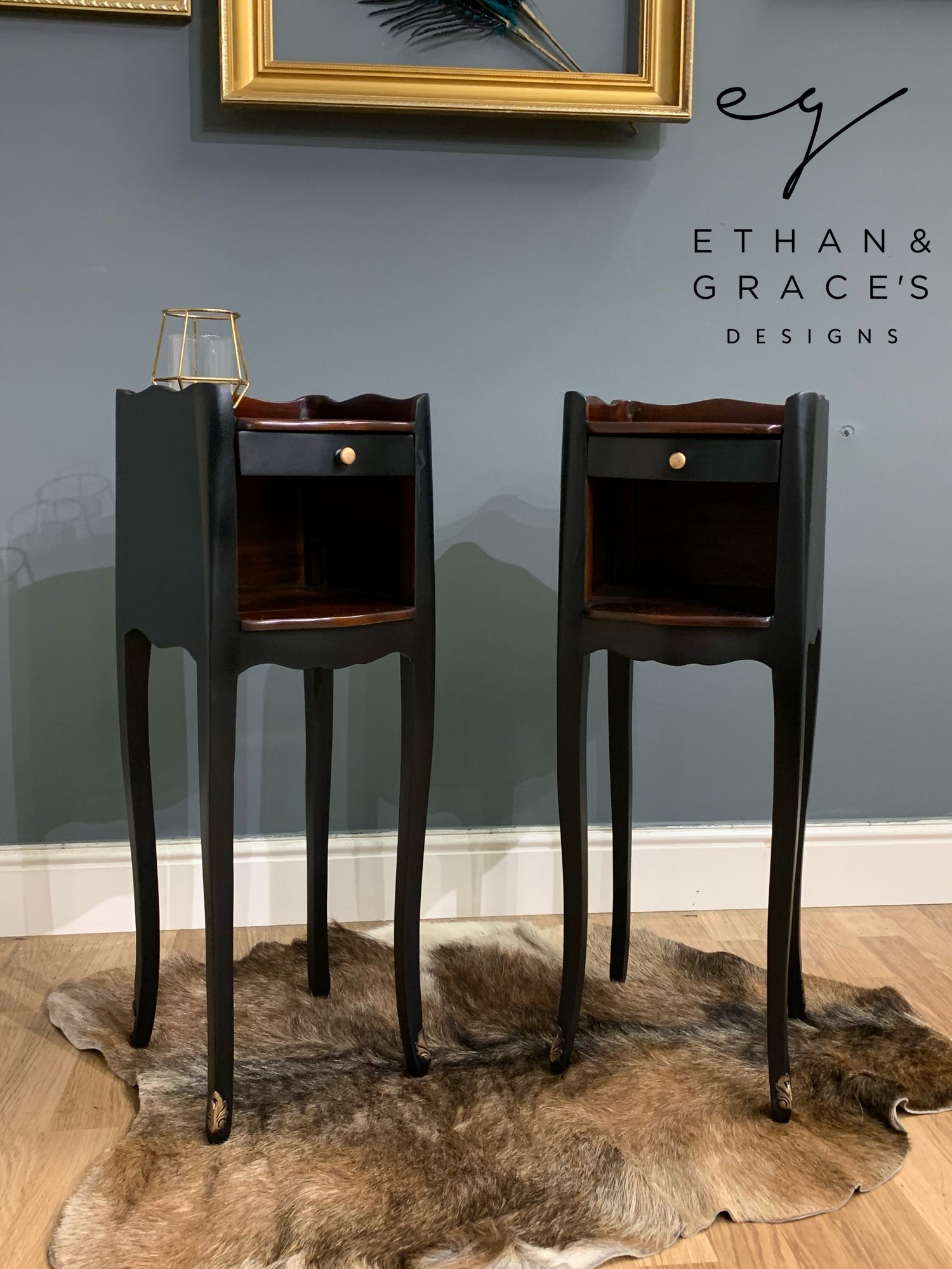 Image of Black and mahogany bedside/side tables