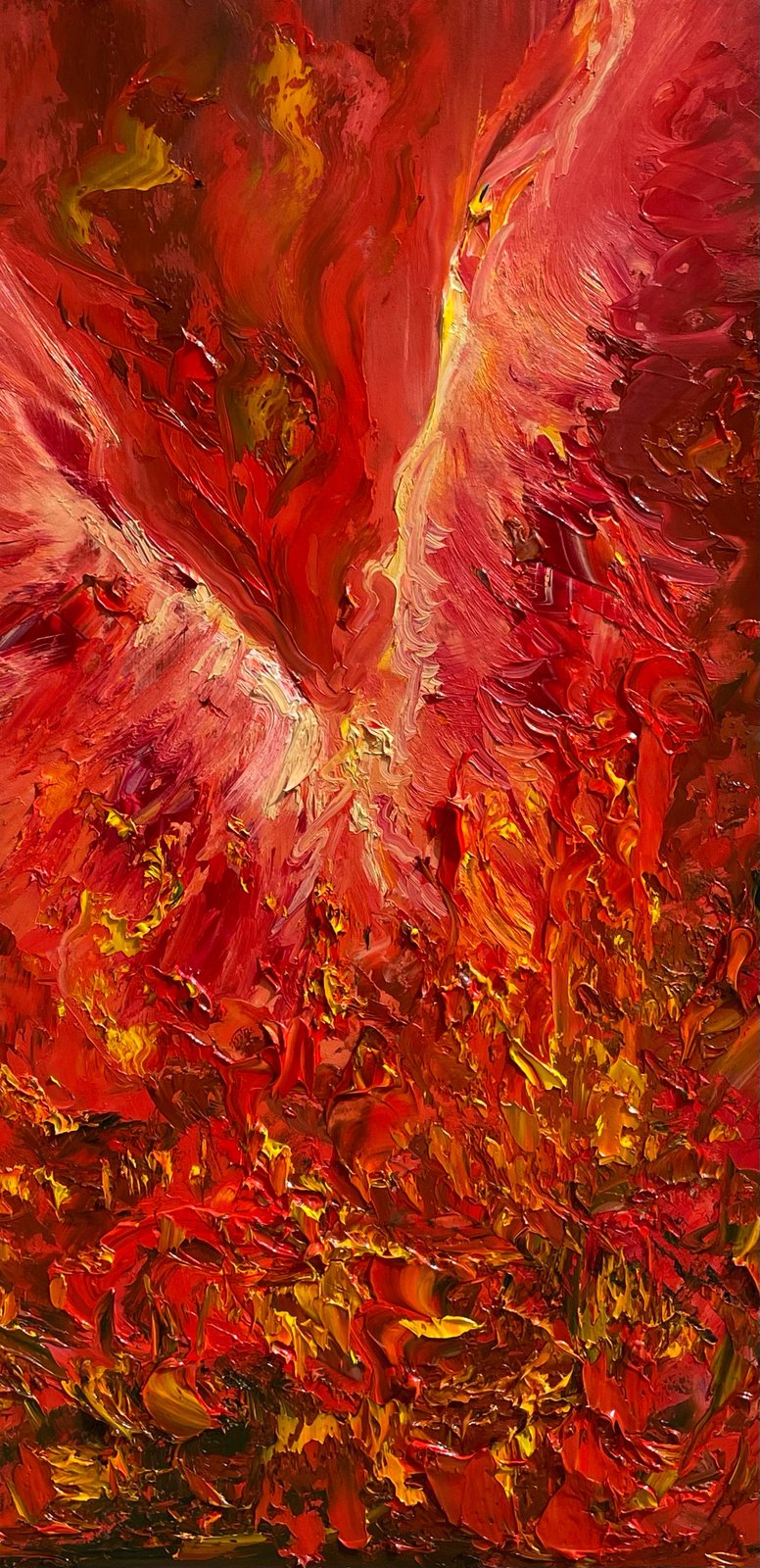 Angel On Fire” oil painting on wood 12 x 24 inches | Viridis Artem