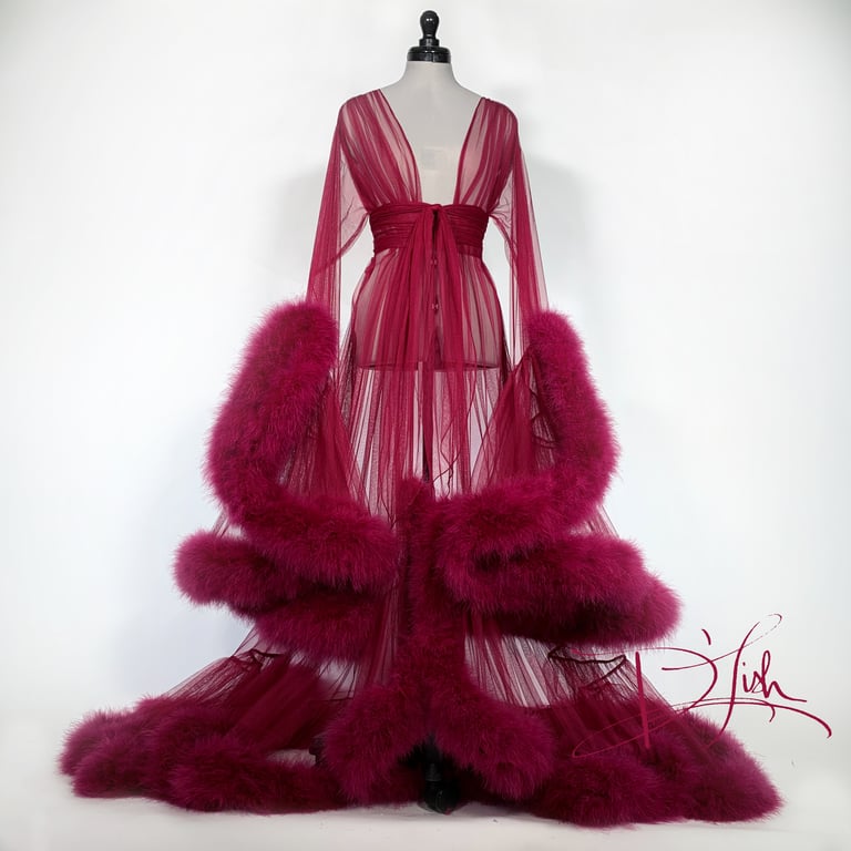 "Cassandra" Merlot Marabou Dressing Gown Image 3