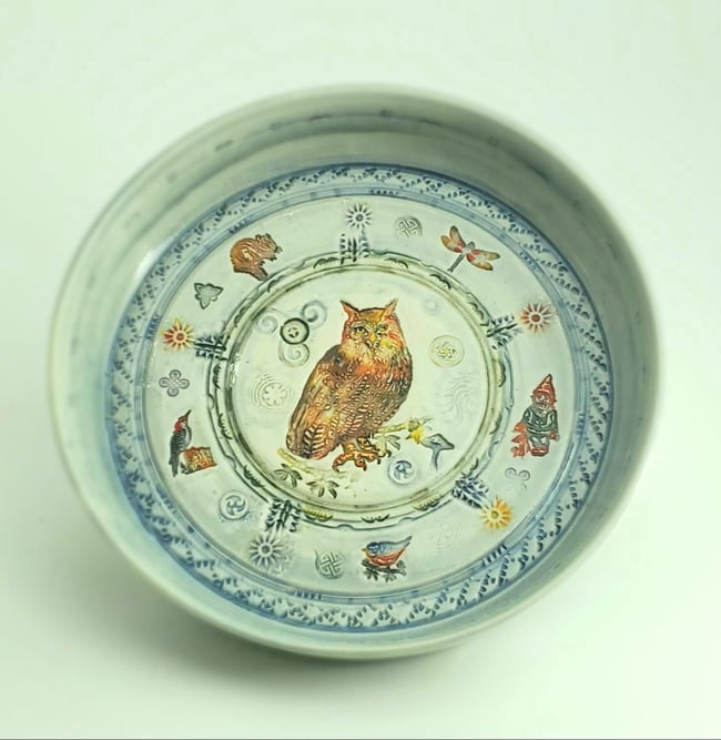 Great Horned Owl with Woodland Friends Small Rimmed Porcelain Platter