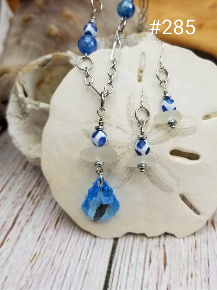 Image of Sea Glass- Swarovski Crystal- Blue Agate- Earrings- Necklace- #285