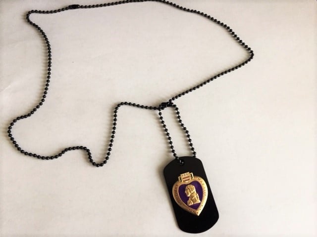 Image of Veteran Purple Heart on a Black dog tag