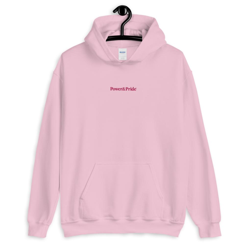 Image of BABY PINK POWER & PRIDE TRADEMARK LOGO HOODIE