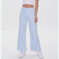 Image 1 of FOREVER 21 smiley face and floral print retro bell bottom jean pants 