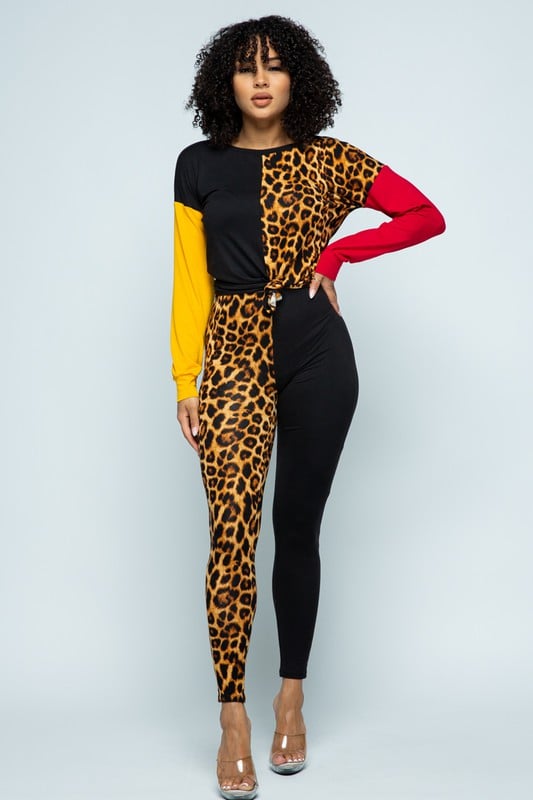 Image of Color Block Leopard Pants Set