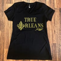 Ladies Black w/Gold V-Neck T-Shirt