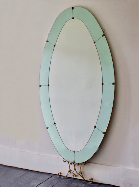 Image of Italian Floor-Standing Mirror with Blue Border by Colli, 1950s