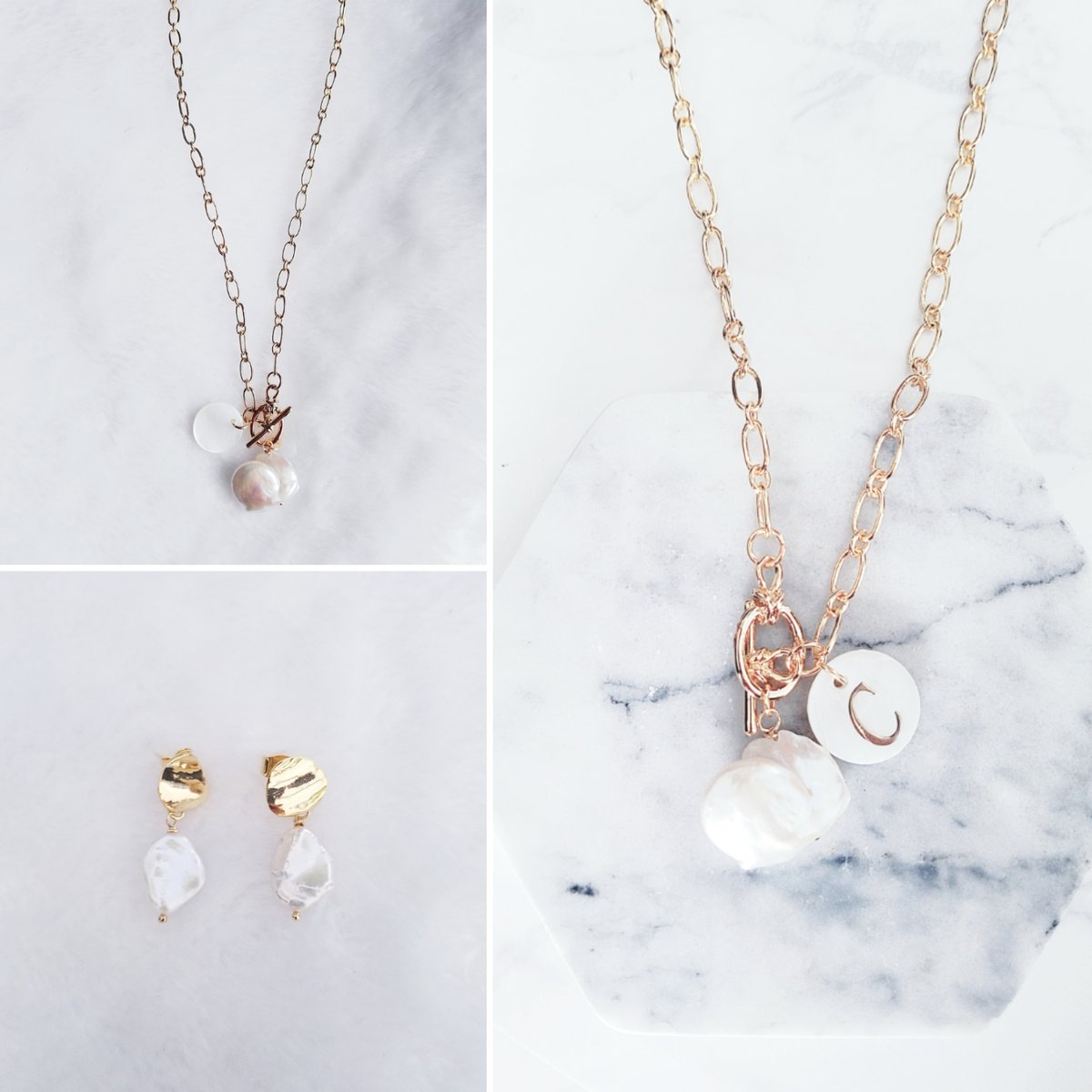 Keshi pearls and initial necklace and earrings | EOJewellerybyT