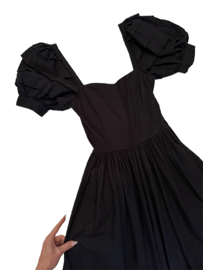 1970s Laura Ashley black off shoulder fit flare dress full skirt bo peep