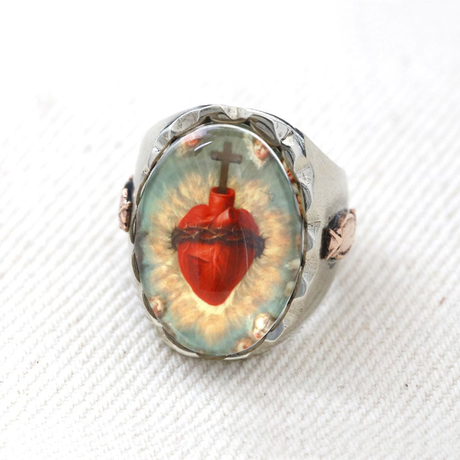 OVAL SACRED HEART IMAGE MEXICAN BIKER RING
