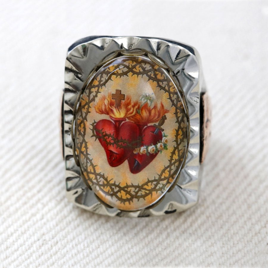 RECTANGLE DUAL SACRED HEART IMAGE MEXICAN BIKER RING