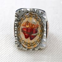 Image 1 of RECTANGLE DUAL SACRED HEART IMAGE MEXICAN BIKER RING