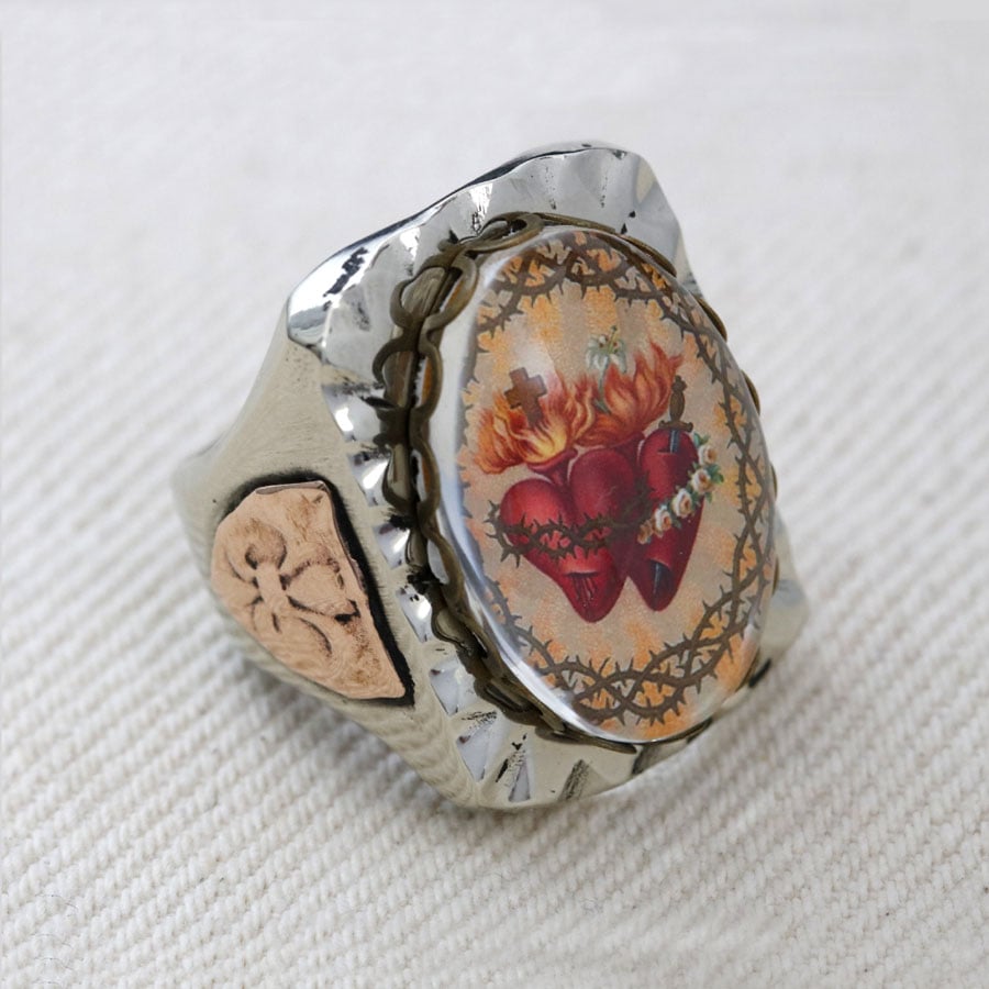 RECTANGLE DUAL SACRED HEART IMAGE MEXICAN BIKER RING