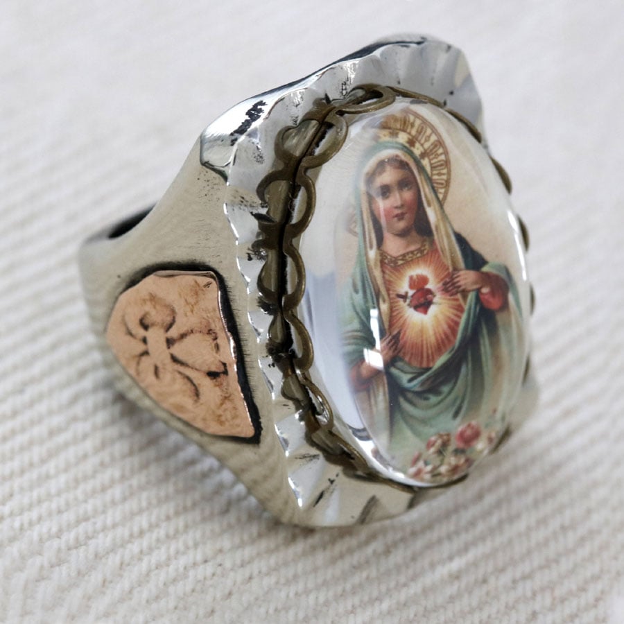 RECTANGLE MARY SACRED HEART IMAGE MEXICAN BIKER RING