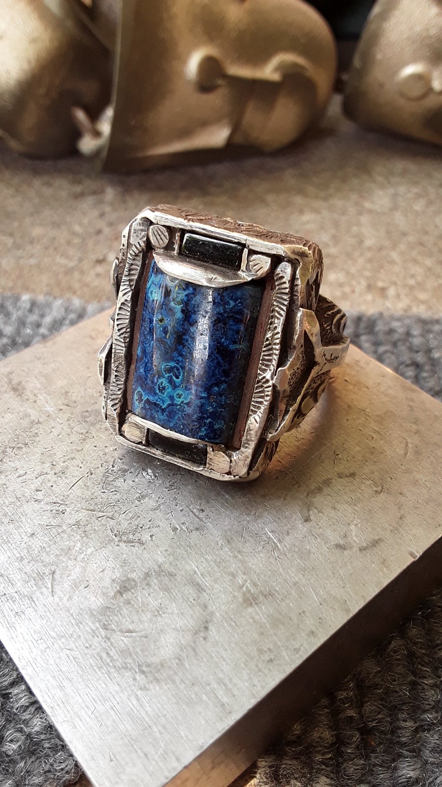 Image of Rare Shattuckite onyx paduk wood silver ring size 11.5