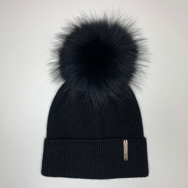 Black Angora Beanie | POMSKII | Luxury Pom Pom Hats | Winter Bobble Hats