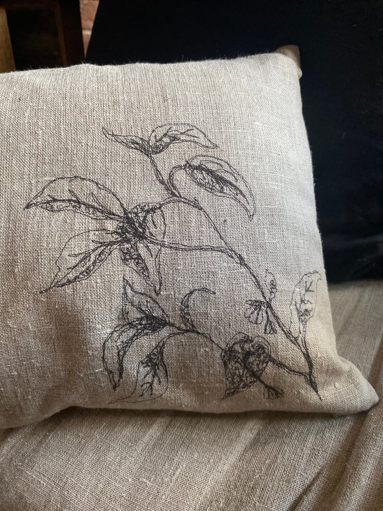 Image of Natural linen cushion with leaf embroidery