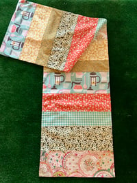 Image 1 of Pieced Table Runner, Colors are Dark Coral, Light Aqua, Gray and Gold, 16X80 inches