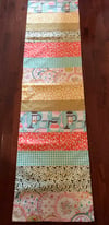 Pieced Table Runner, Colors are Dark Coral, Light Aqua, Gray and Gold, 16X80 inches