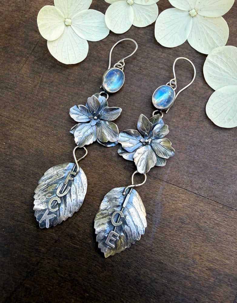 Image of Stargazer Hydrangea Flower "FUCK ICE" Rainbow Moonstone Earrings