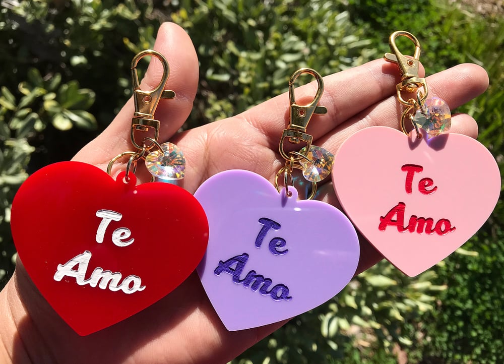 Image of Te Amo Conversation Heart Acrylic Charm Keychain - Pick Your Colorway! 