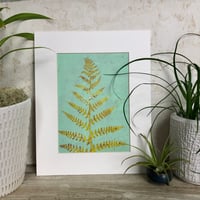 Image 1 of Botanical Monotype ~ Fern, Chartreuse, Jade Green ~  8x10 Inch Mat 