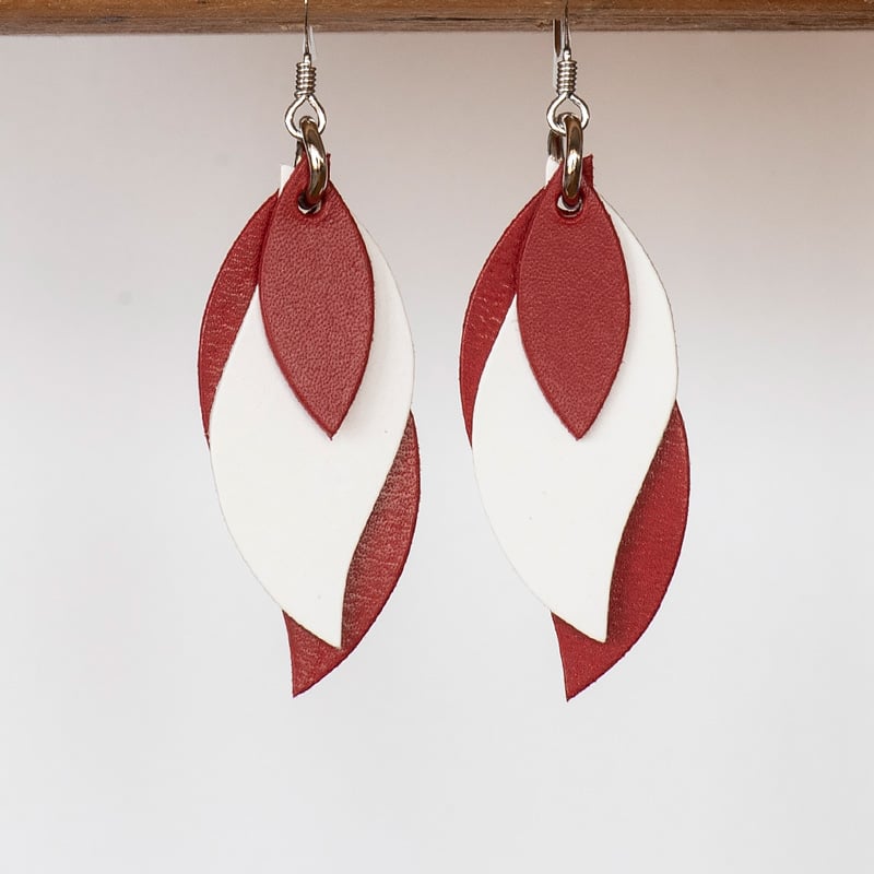 Image of Handmade Australian leather leaf earrings - red, white, rose red [LRE-094]