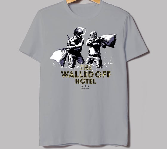 Image of Banksy Walled Off Hotel Pillow Fight T-Shirt Youth Medium