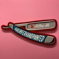 Image 1 of Follow me on Instagram straight razor. Hand painted wood cut out.m