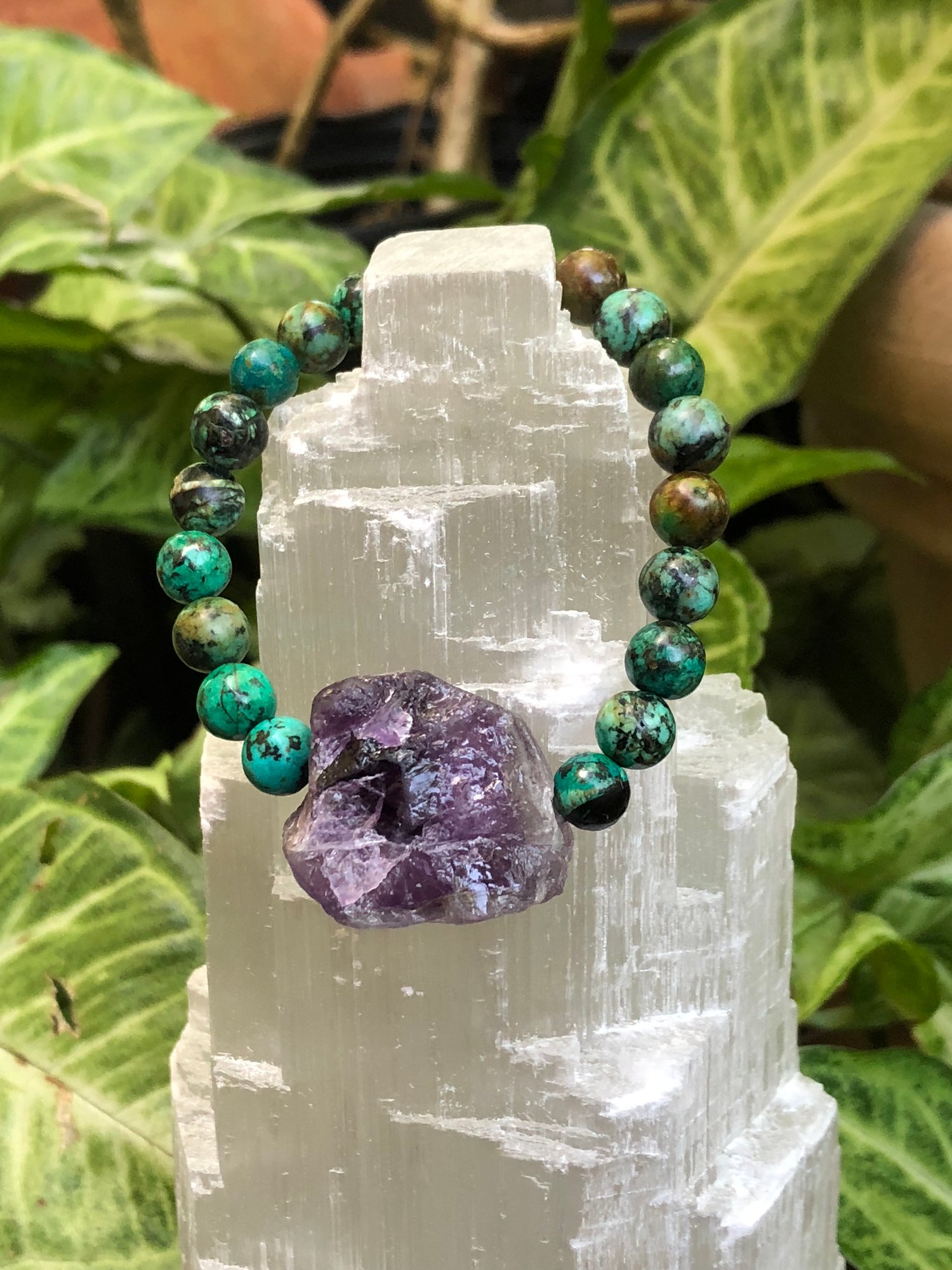 Image of African Turquoise Bracelet with raw Amethyst centerpiece 