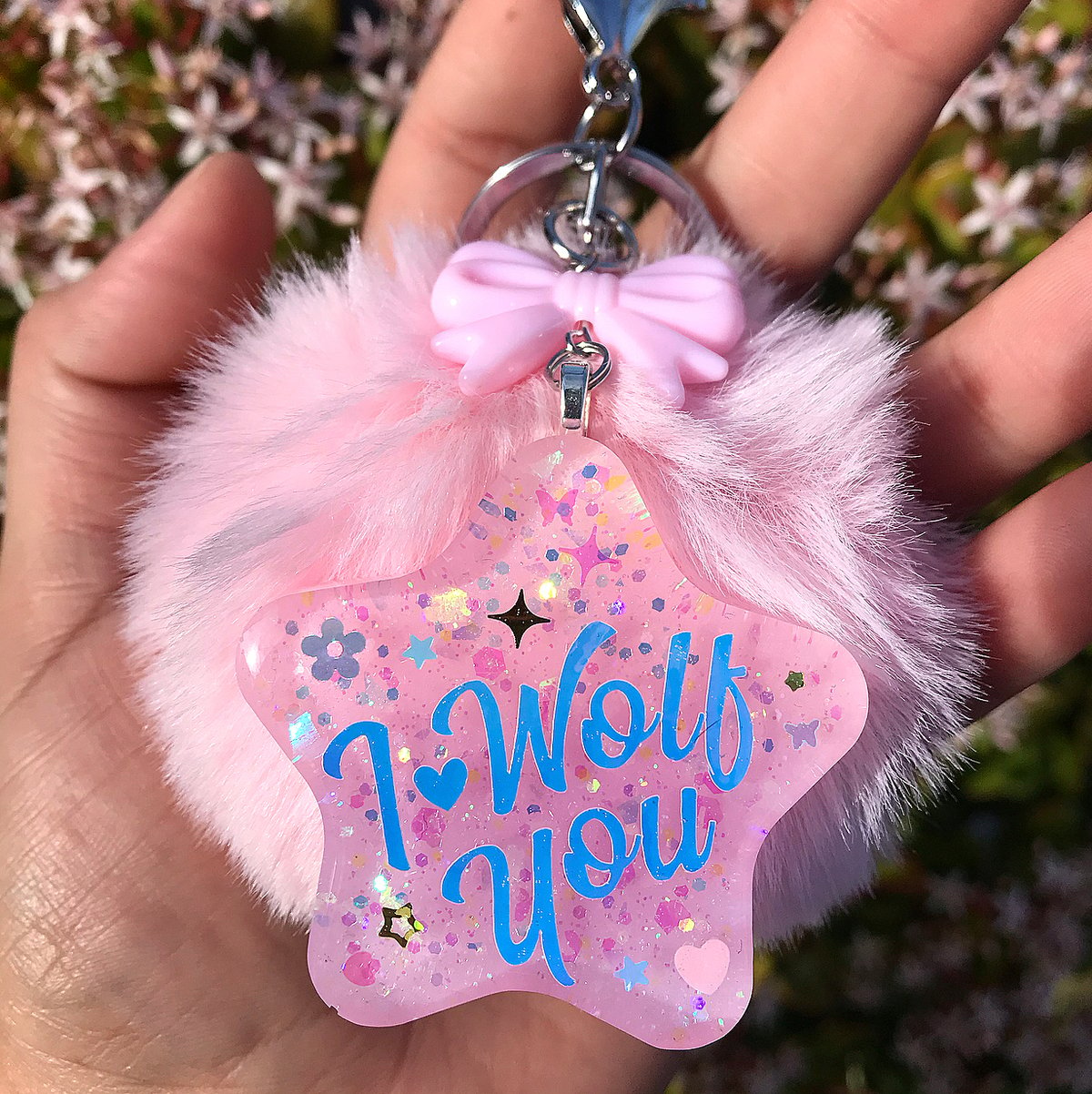 Image of I Wolf You Star Charm Keychain with Pastel Pink Puff Charm