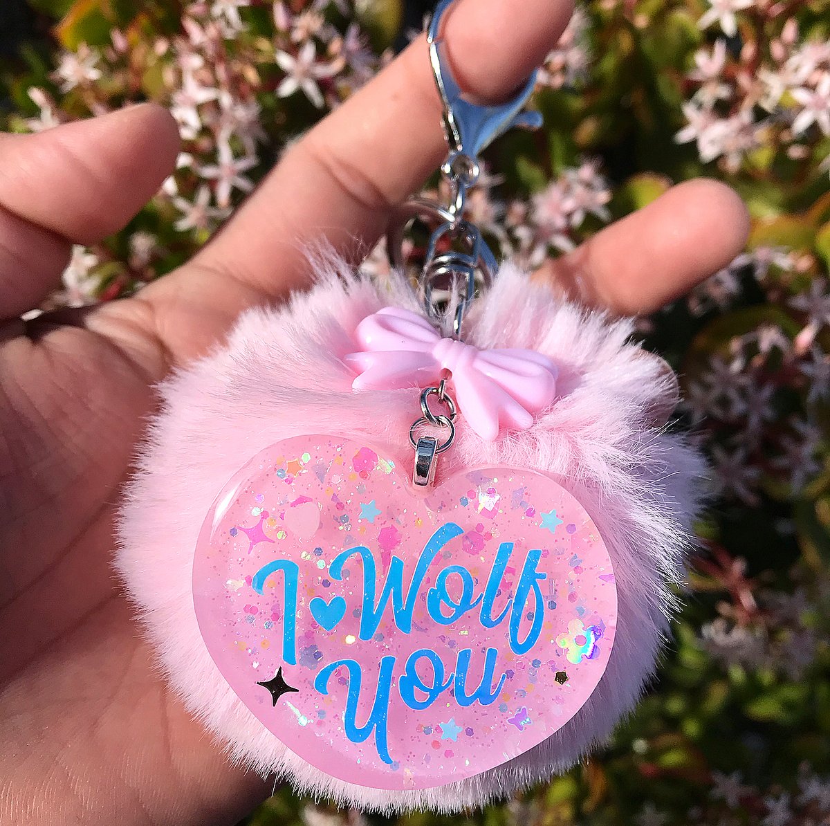 Image of I Wolf You Heart Charm Keychain with Pastel Pink Puff Charm 