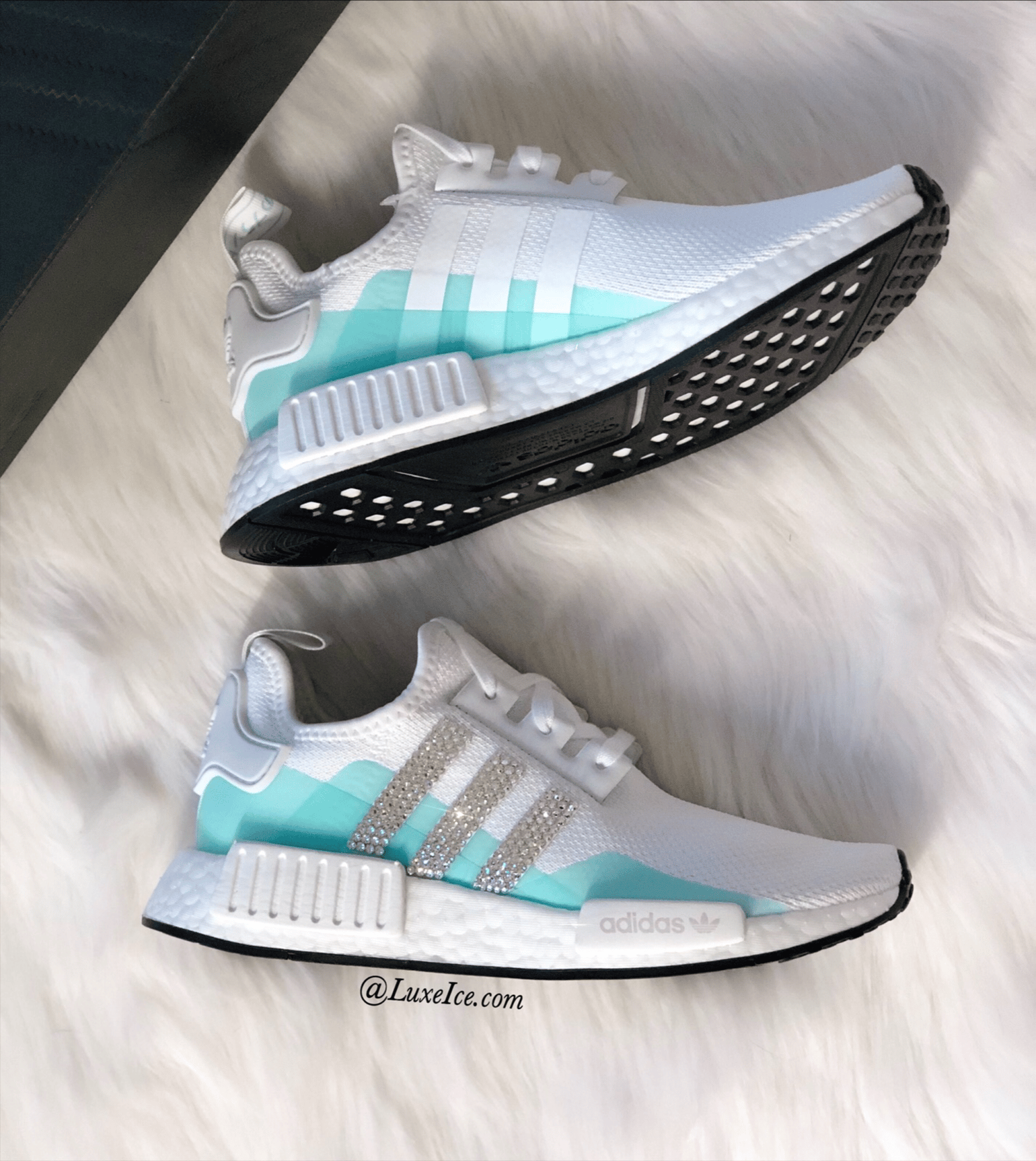 Image of Adidas NMD R1 Coud White/Clear Mint customized with Swarovski Crystals.