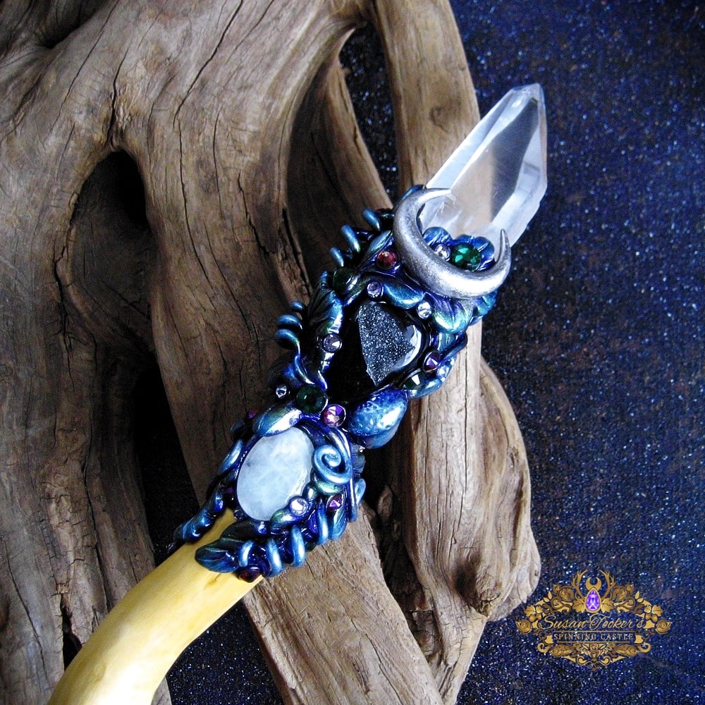 Image of LUNA'S GARDEN - Magic Crystal wand Lemurian Quartz Moonstone Amethyst Pagan Witch Art