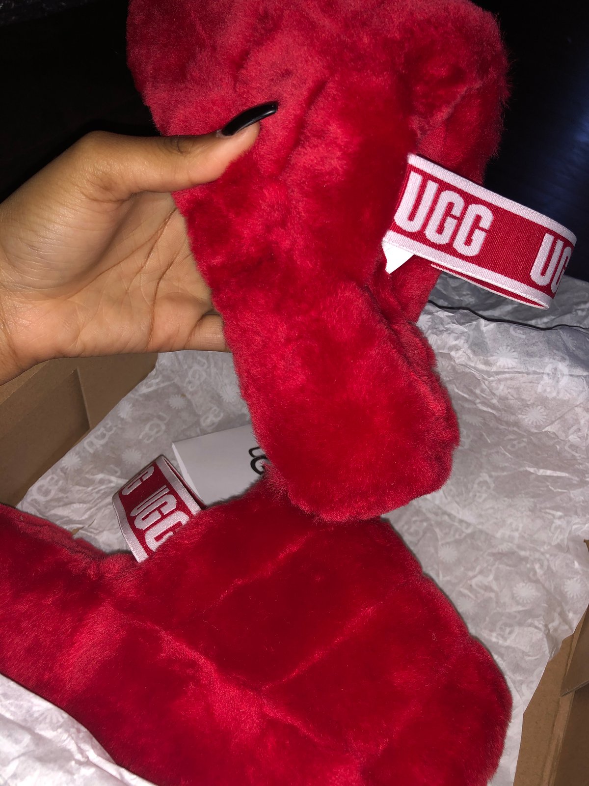 red ugg fur slides